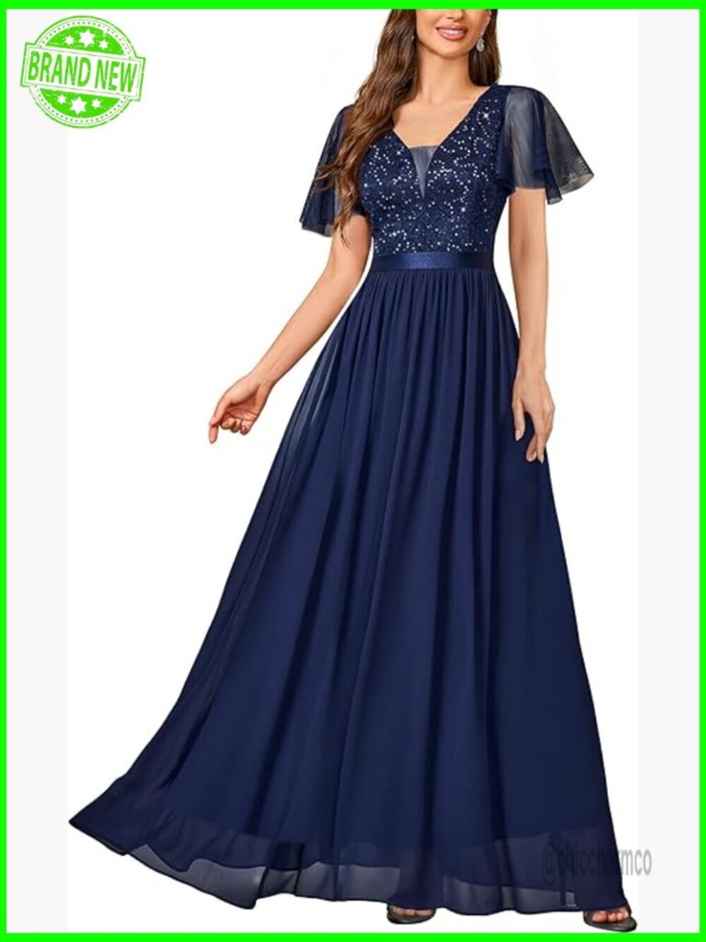 Elegant Deep-V Neck Ruffle Sleeve Sequin Lace Formal Maxi Dress